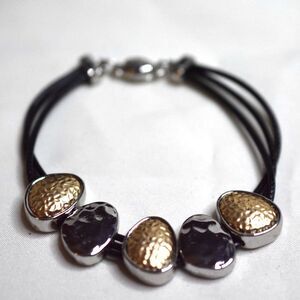 NWOT Multi Strand Black Cord Silver/Gold Tone Pebbled Charms 7" Trendy Bracelet